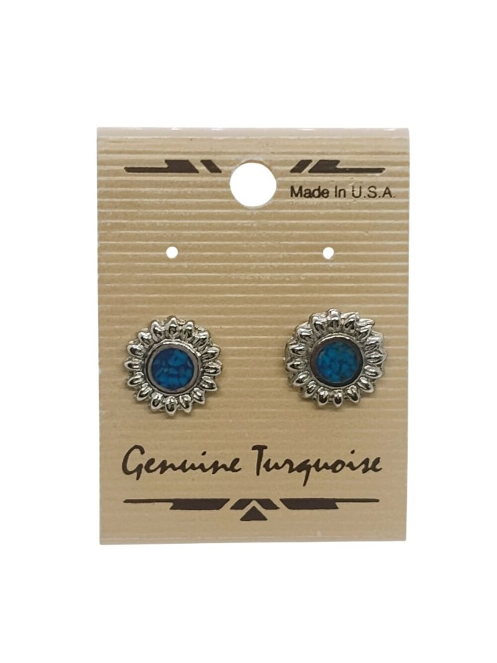 Vtg NOS New on Card Made in USA Genuine Turquoise Earrings Silver Tone